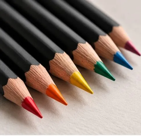 Sharpened coloured pencils lined up on cream paper