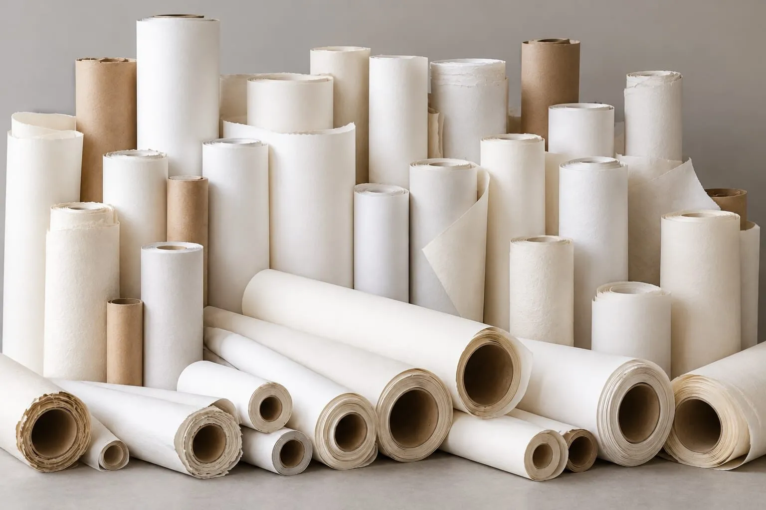 A collection of white and brown paper rolls