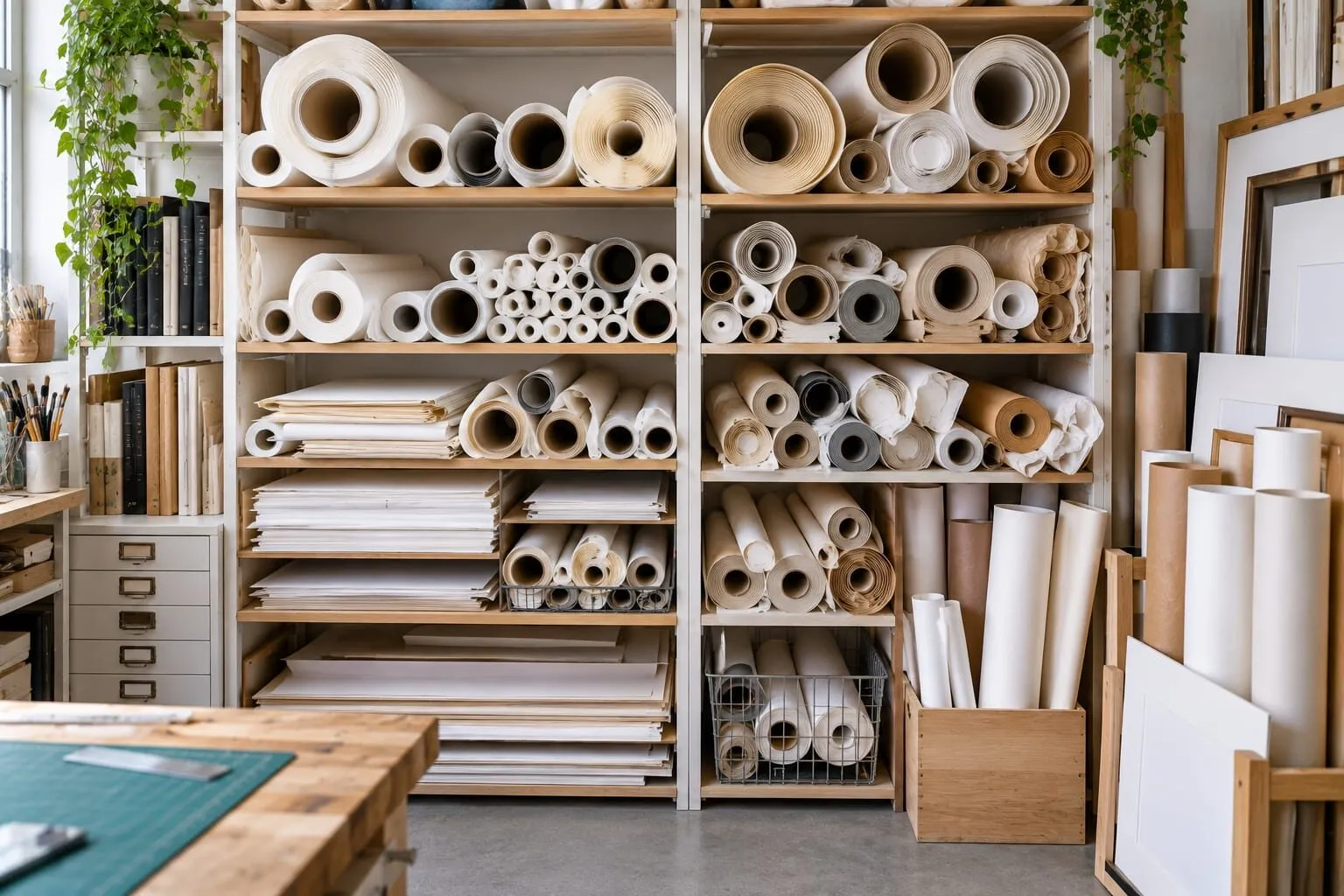 A studio storeroom with shelves of paper rolls and sheets