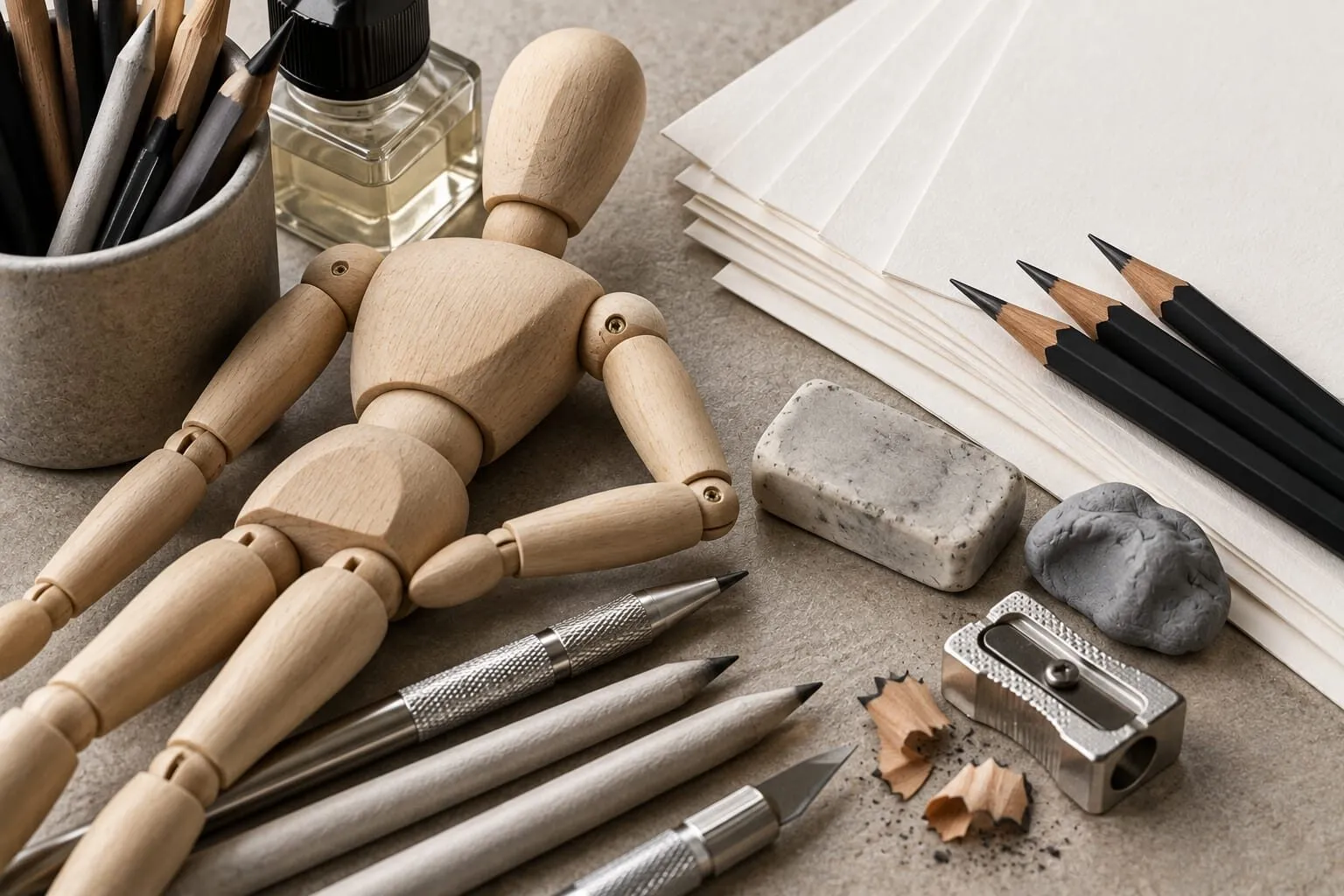 Drawing materials on a table: sheets of paper, pencils, a wooden mannequin, an eraser and a sharpener