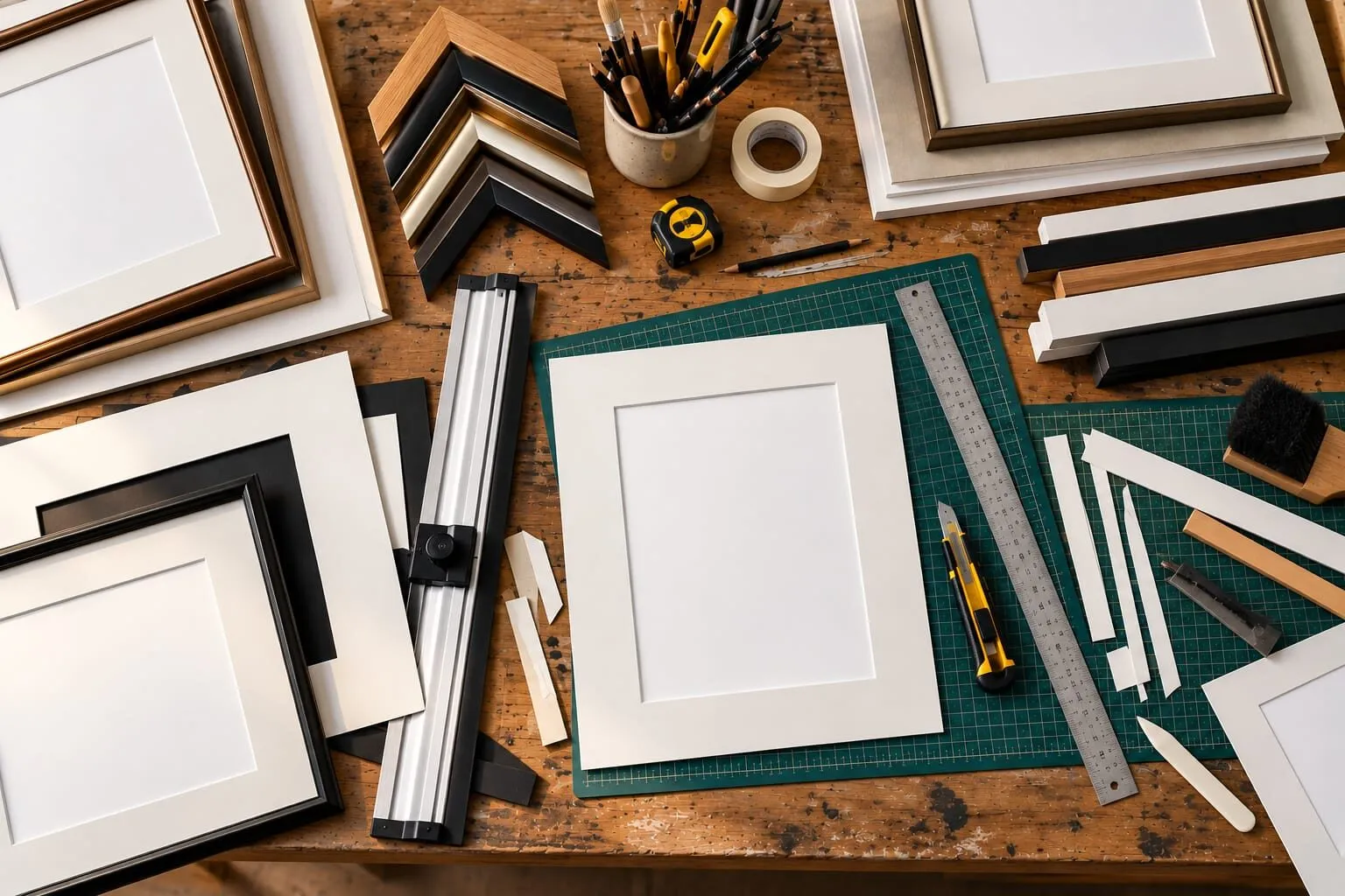A framing workbench with mount boards, frame corners, a cutting mat and a metal ruler