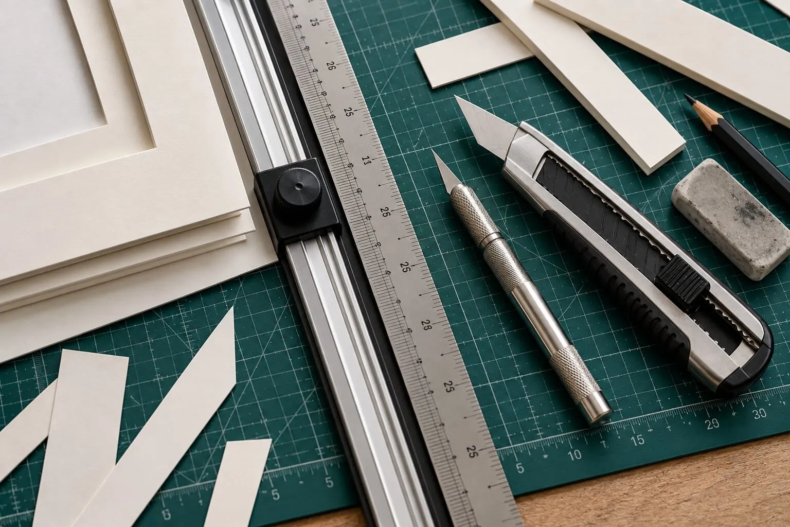 A mount cutter, craft knife and metal ruler on a green cutting mat with mount board offcuts