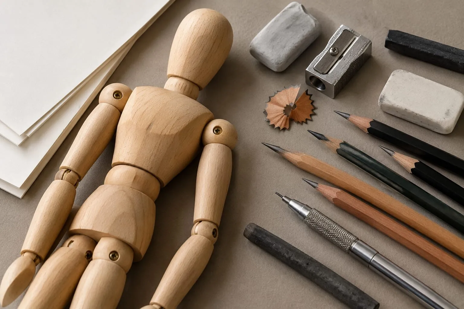 A wooden mannequin with pencils, an eraser and drawing paper