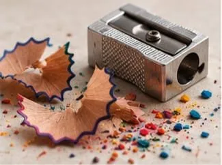 A metal pencil sharpener with coloured pencil shavings