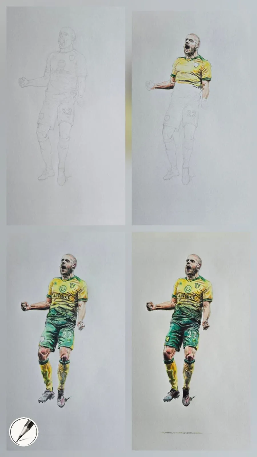 A footballer drawing shown from pencil layout to completed colour in four stages