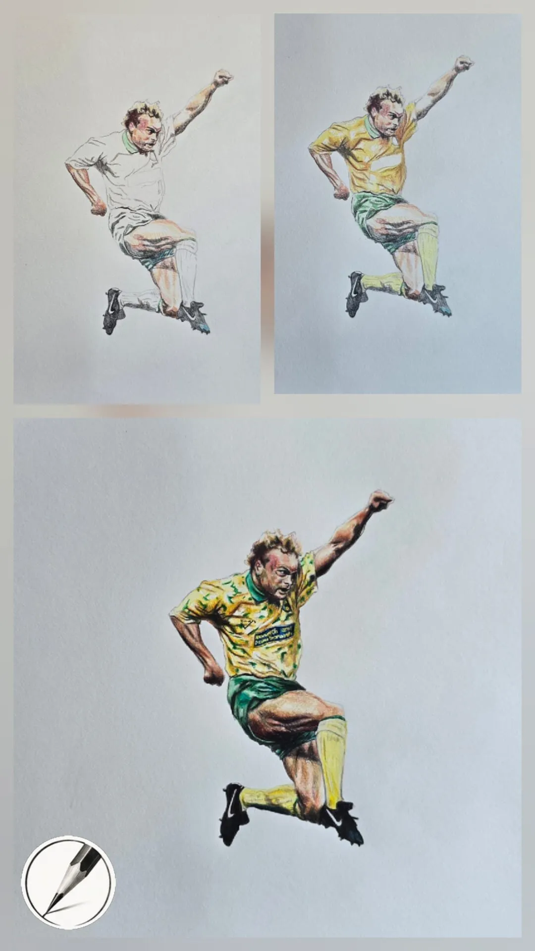 A leaping footballer drawn in coloured pencil, shown in three stages