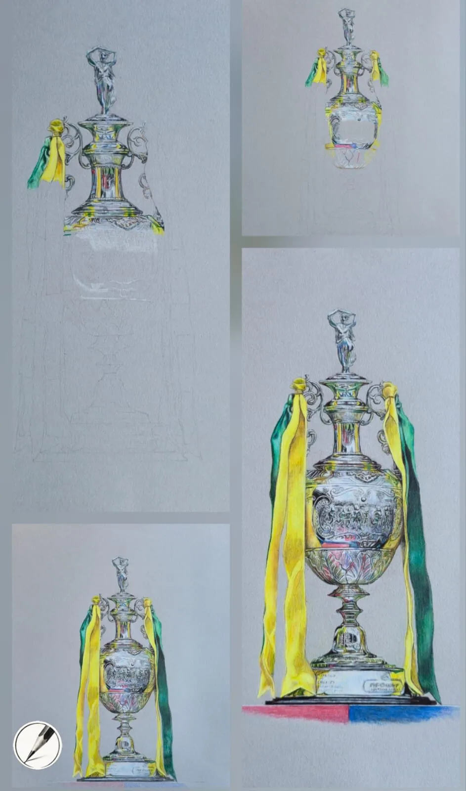 A silver trophy with yellow and green ribbons drawn in coloured pencil on grey paper, shown in four stages