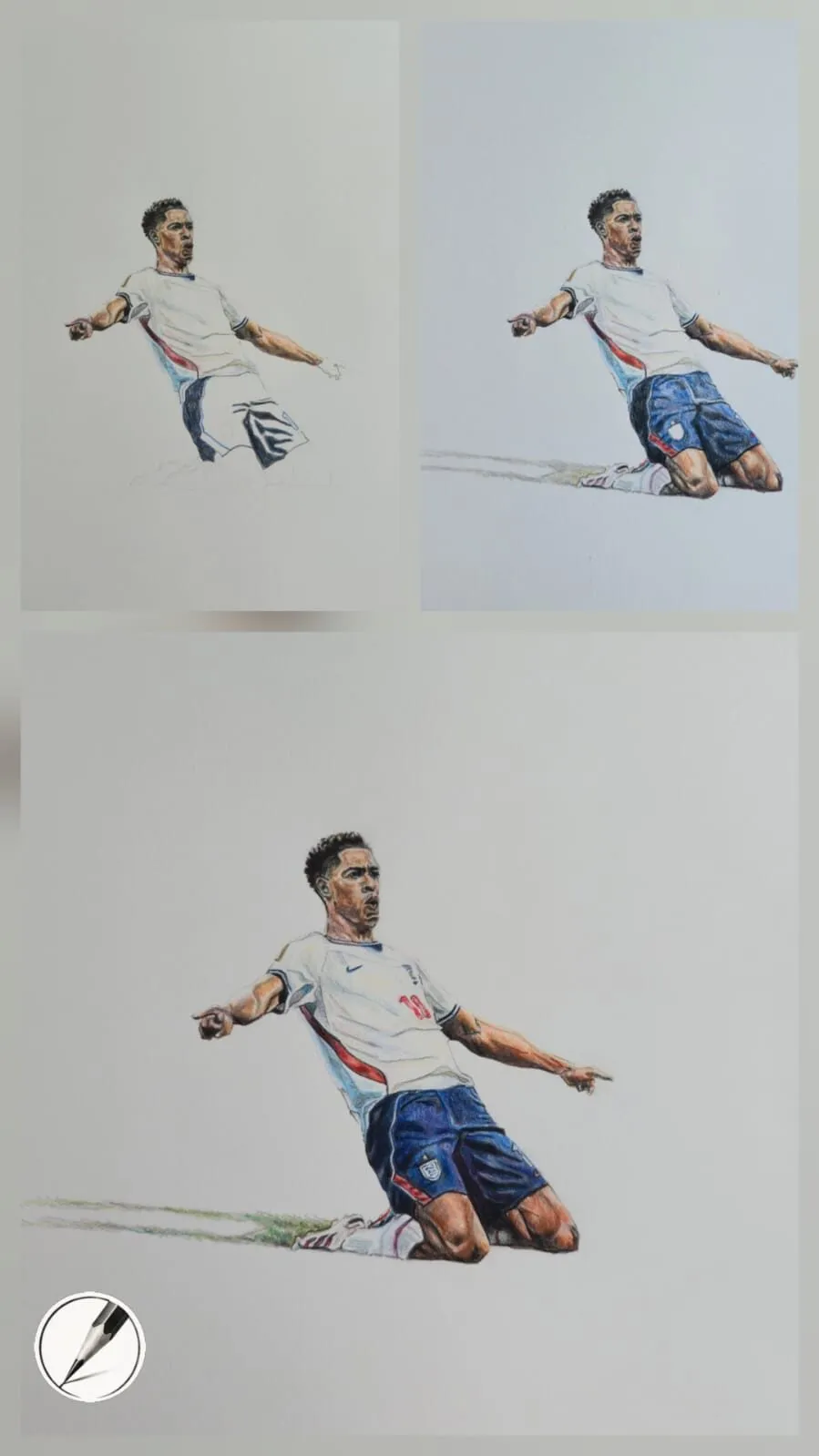 A kneeling footballer drawn in coloured pencil, shown in three stages