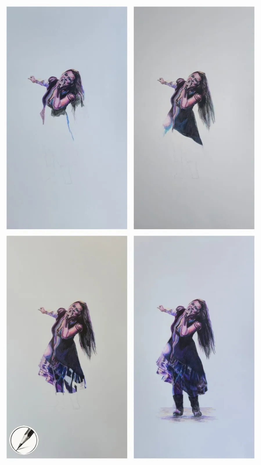 A figure drawing built up in four stages of coloured pencil