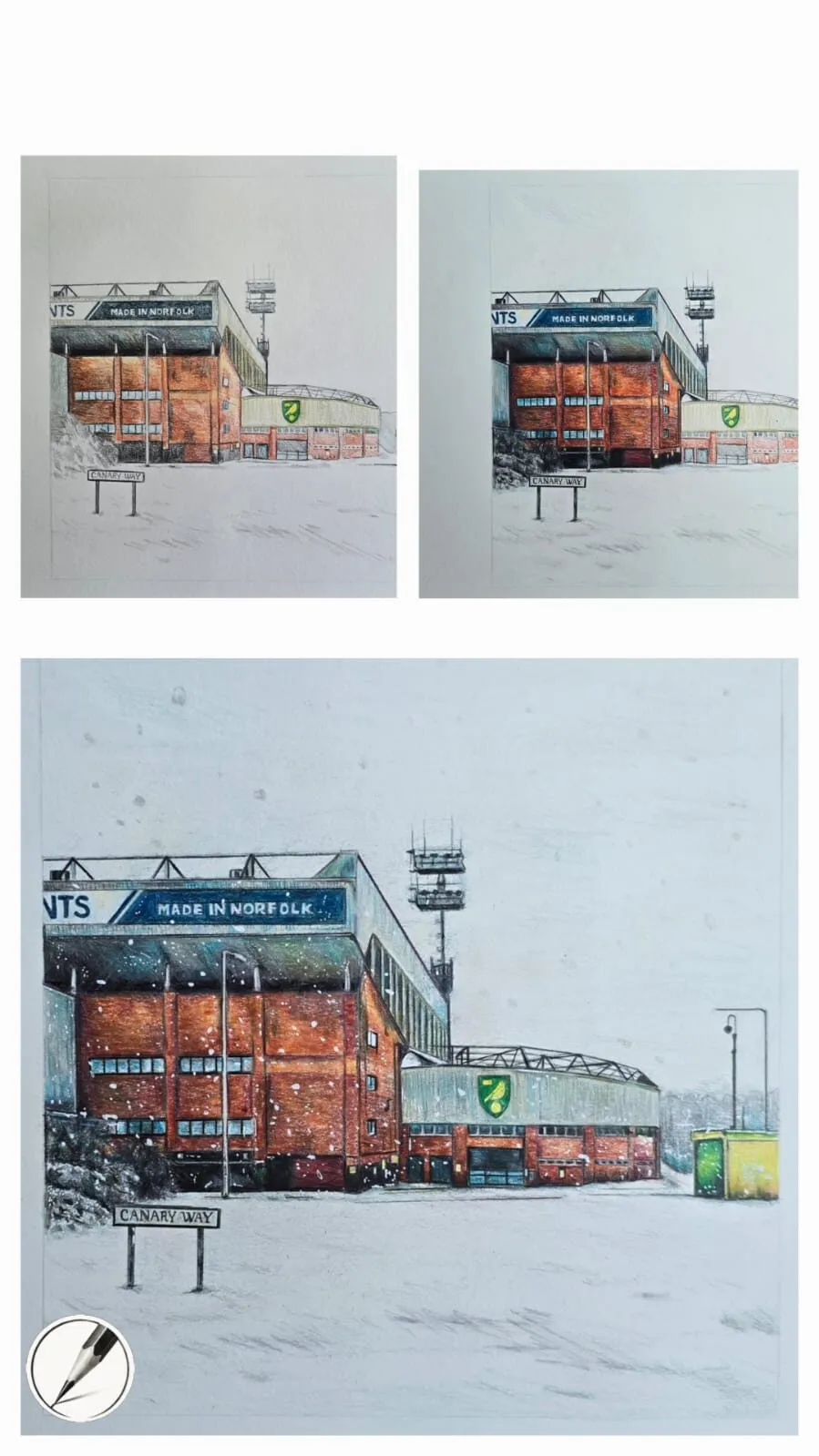 A football stadium in snow drawn in coloured pencil, shown in three stages