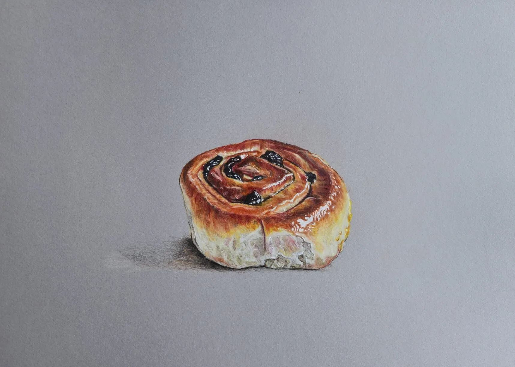 A glazed pastry swirl with raisins drawn in coloured pencil on grey paper