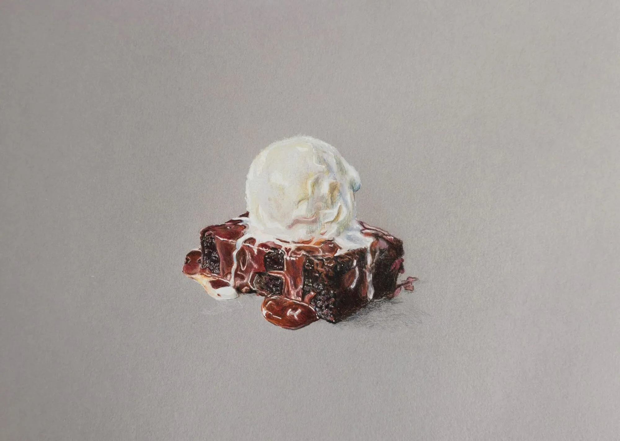 A brownie with ice cream and sauce drawn in coloured pencil on grey paper