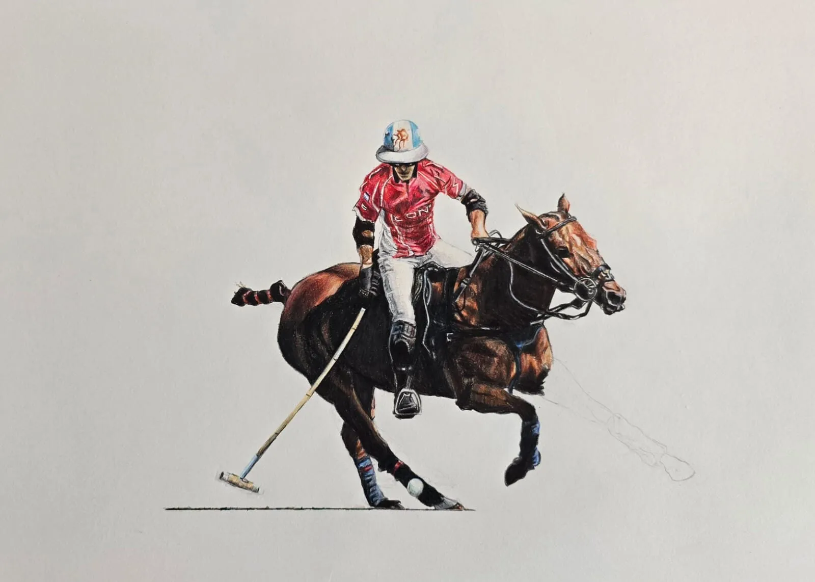A polo player on a galloping horse drawn in coloured pencil