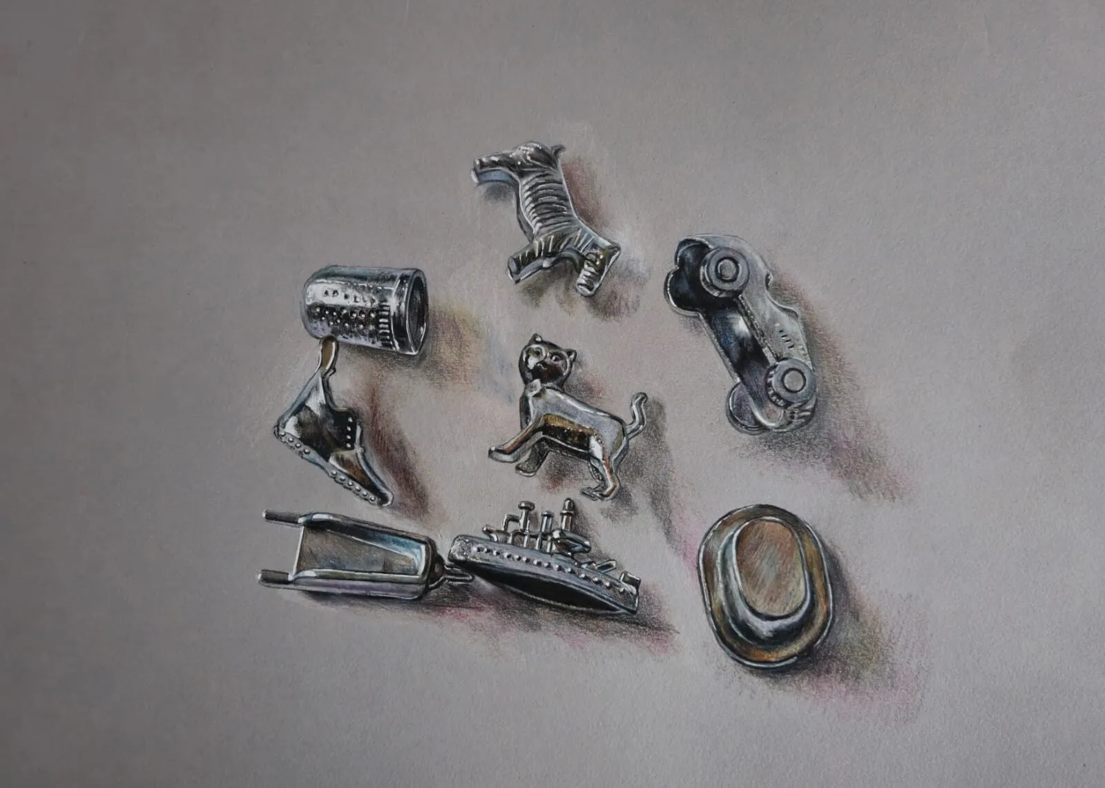 A group of silver metal board-game tokens drawn in coloured pencil on grey paper