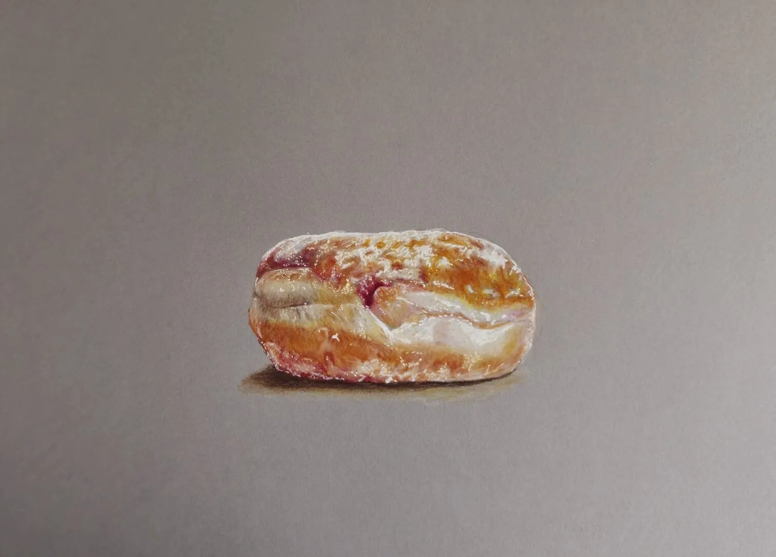 A sugared jam doughnut drawn in coloured pencil on grey paper