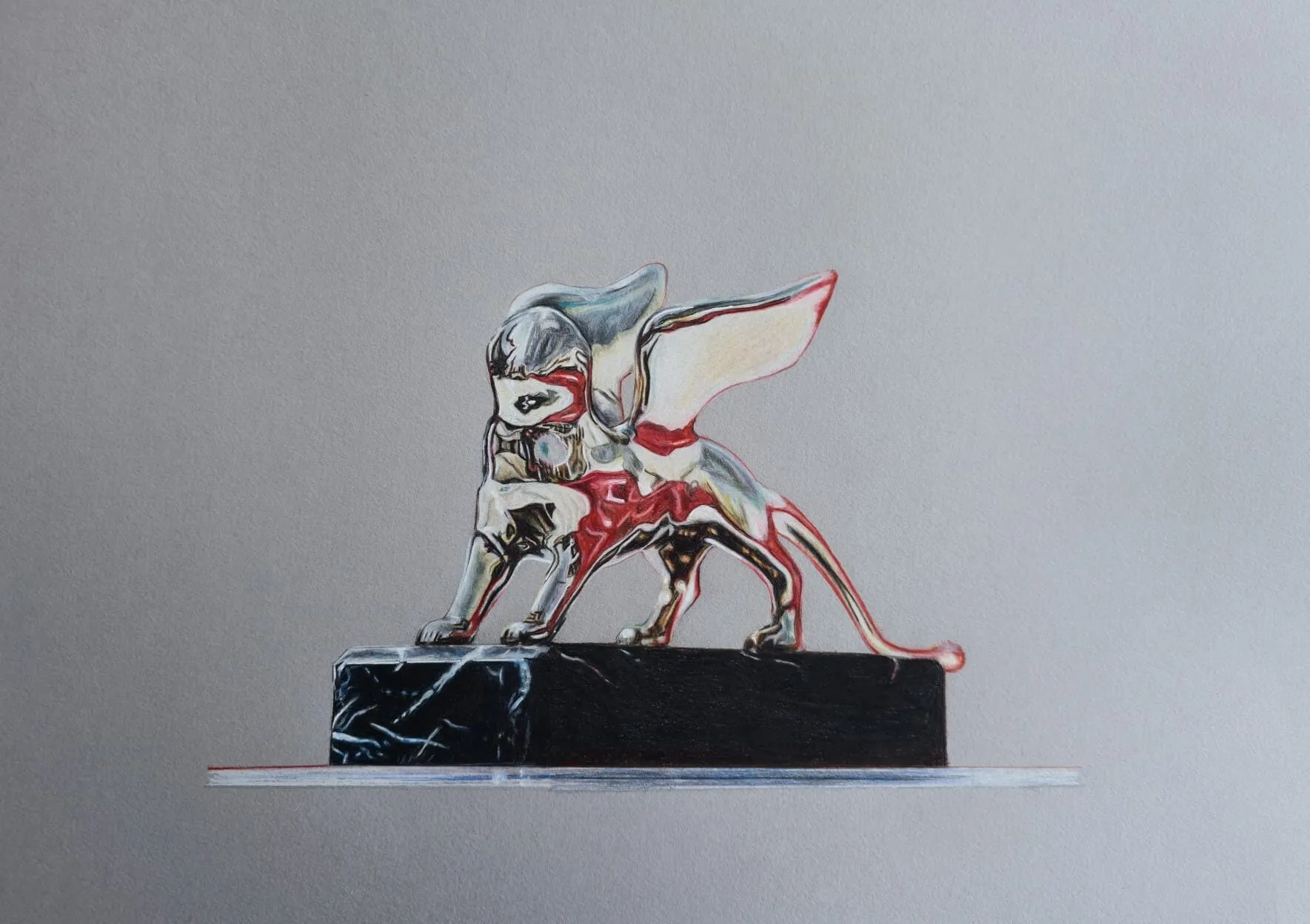 A silver winged lion sculpture with red accents on a black stone base, drawn in coloured pencil