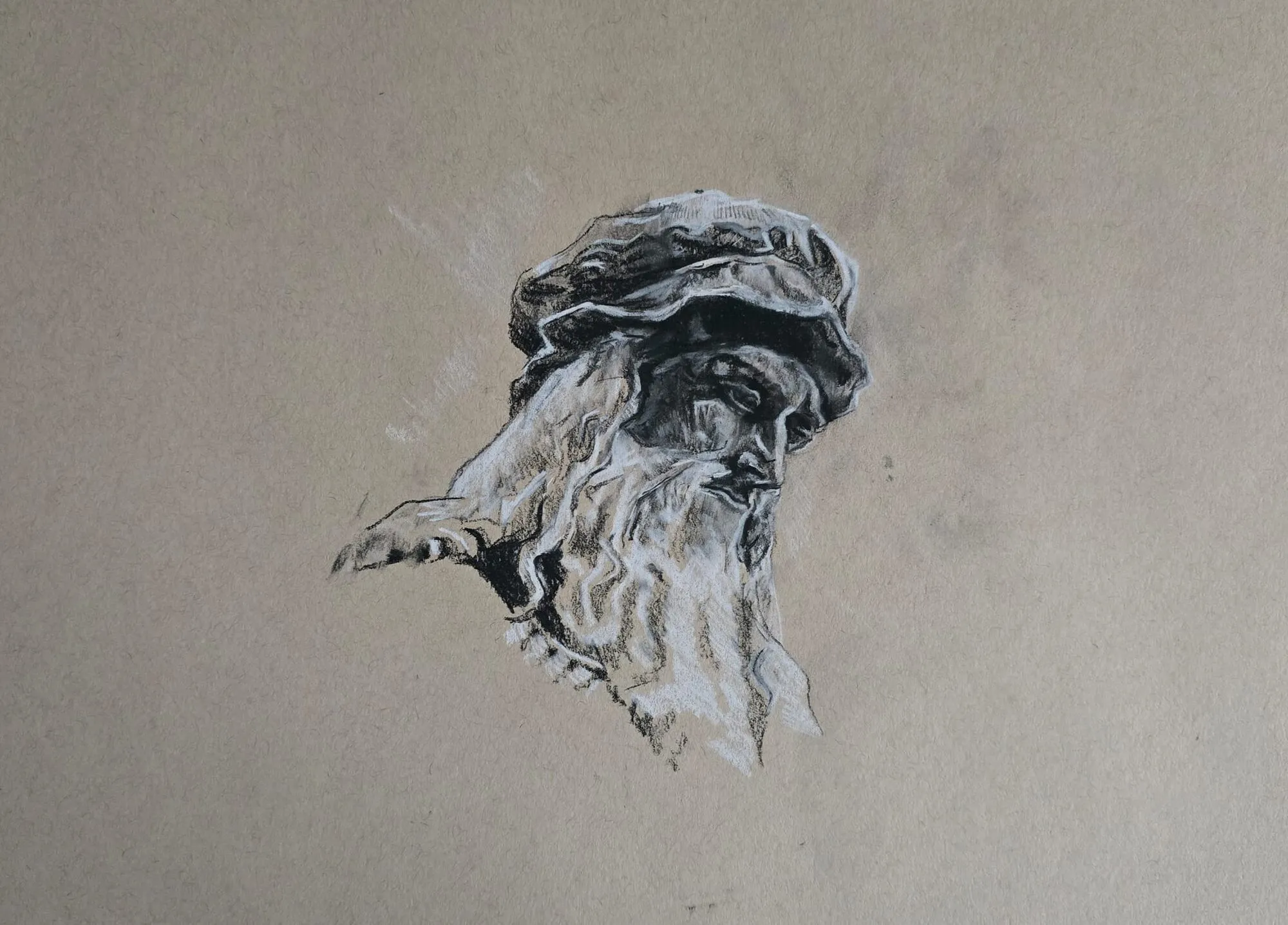 A study of a bearded man in a cap in dark and white pencil on toned paper