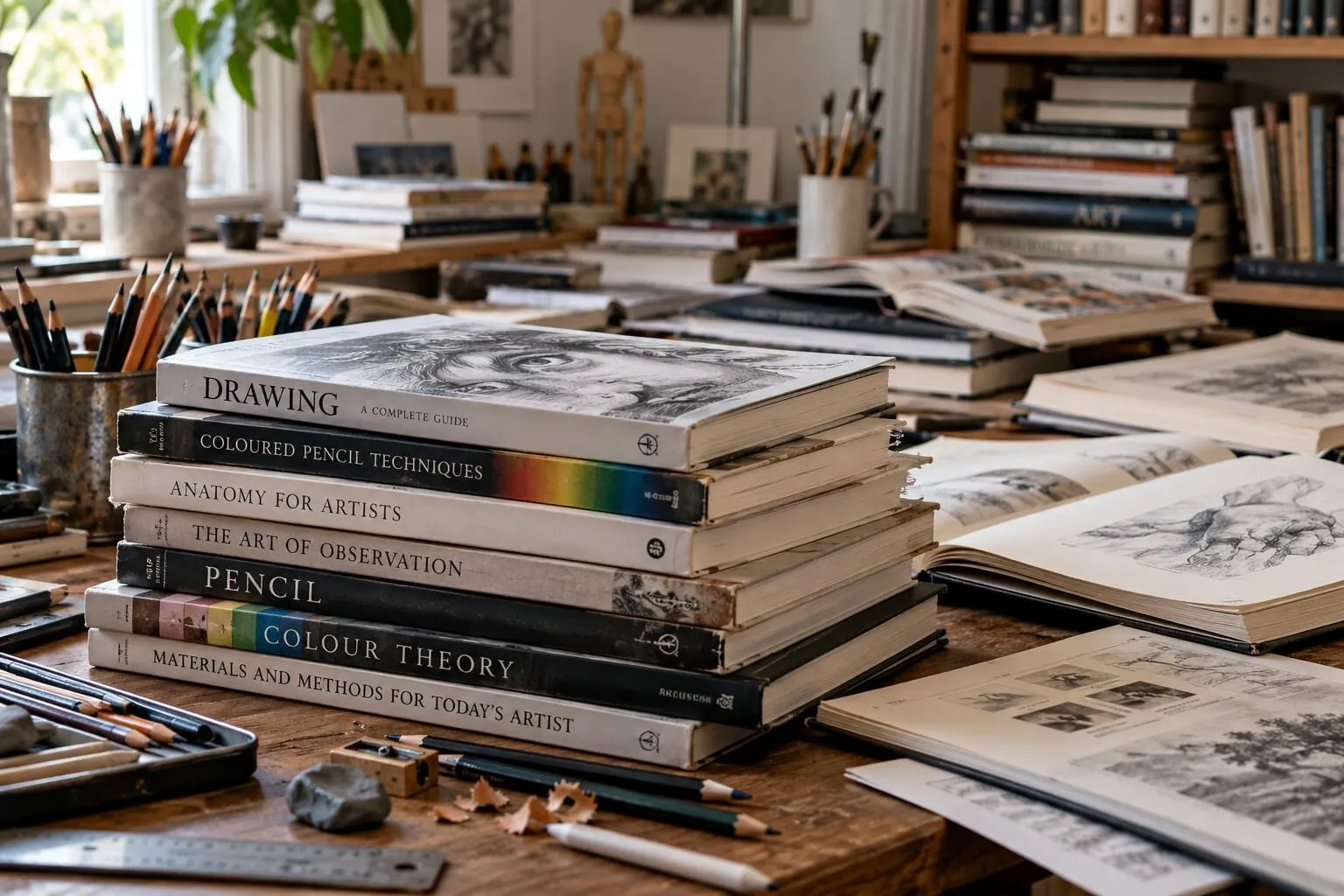 A desk covered with drawing books and sketchbooks beside pencils
