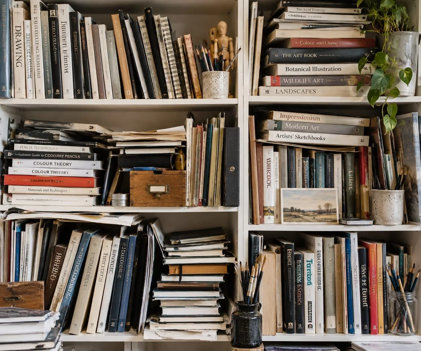 A studio bookshelf of art books, sketchbooks and brushes