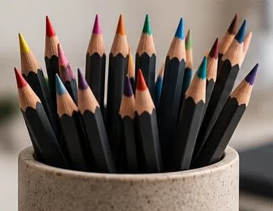 Coloured pencils standing in a speckled ceramic pot