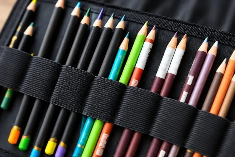 A pencil roll case holding coloured pencils