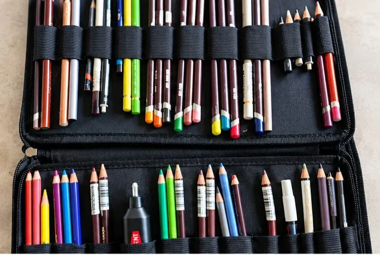 An open pencil case holding coloured pencils, pens and a small bottle