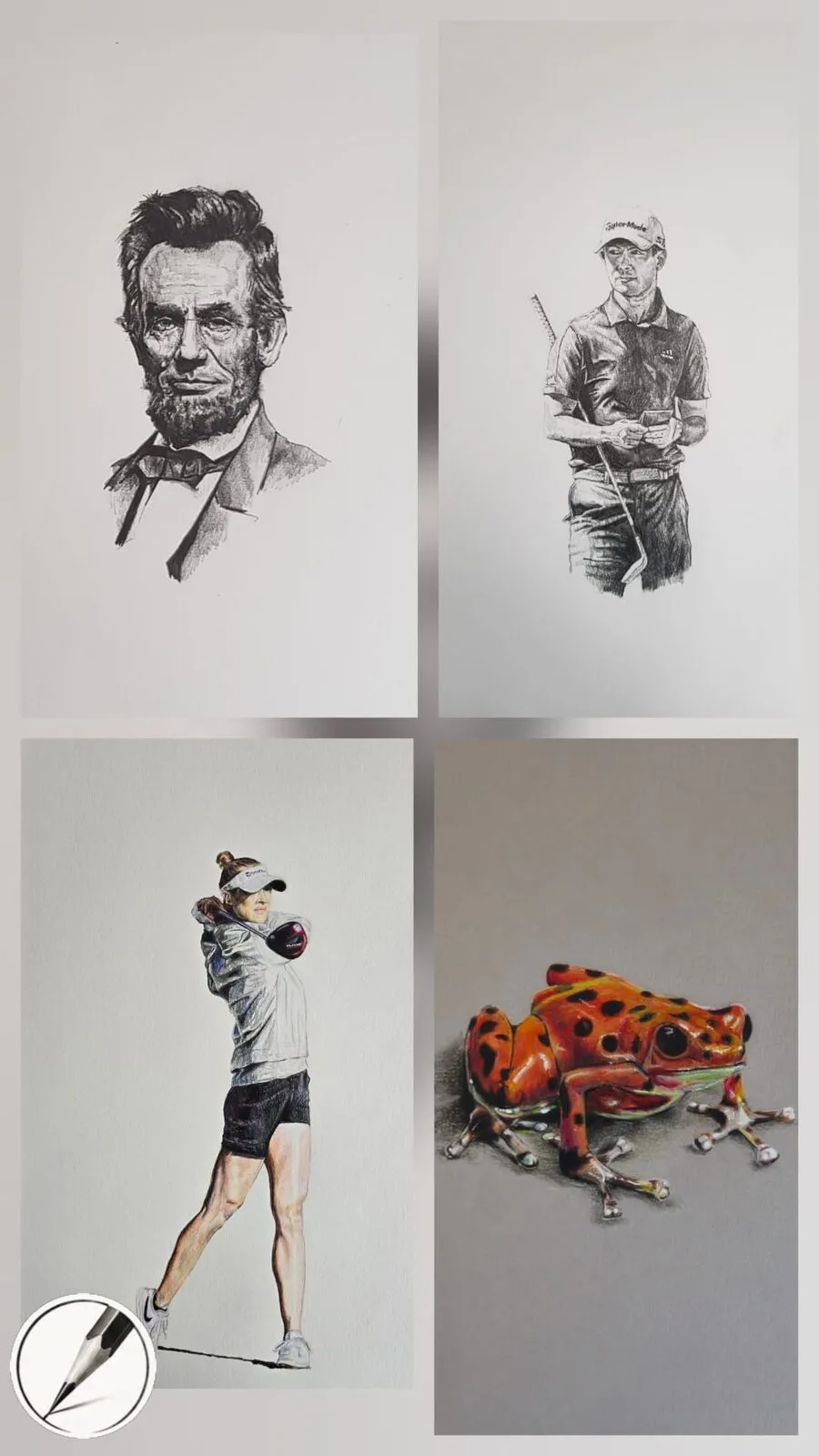 A collage of graphite and charcoal drawings including a portrait, an elephant, a head study and a bear