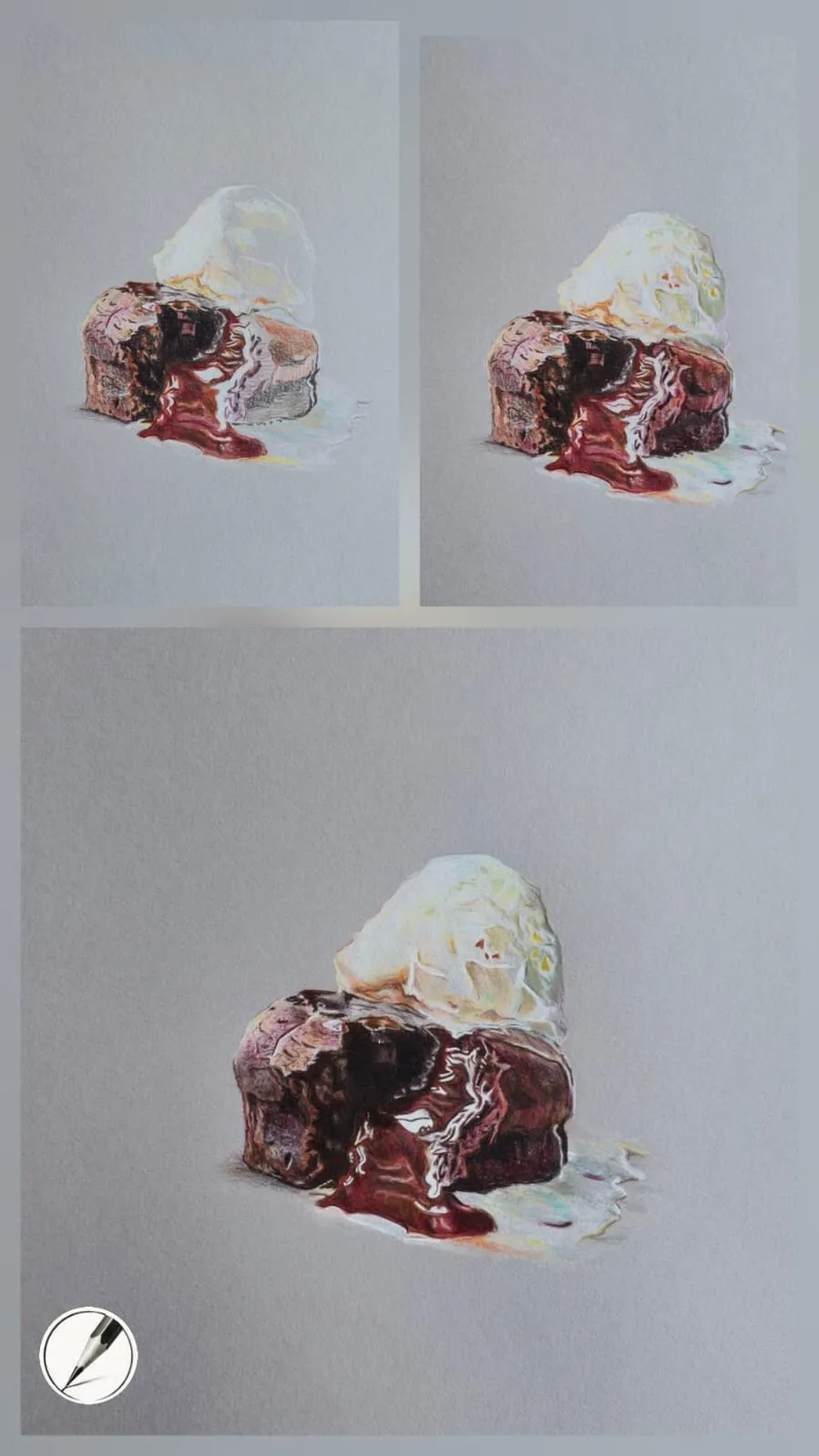 Stages of a chocolate dessert drawing showing how layering builds shine