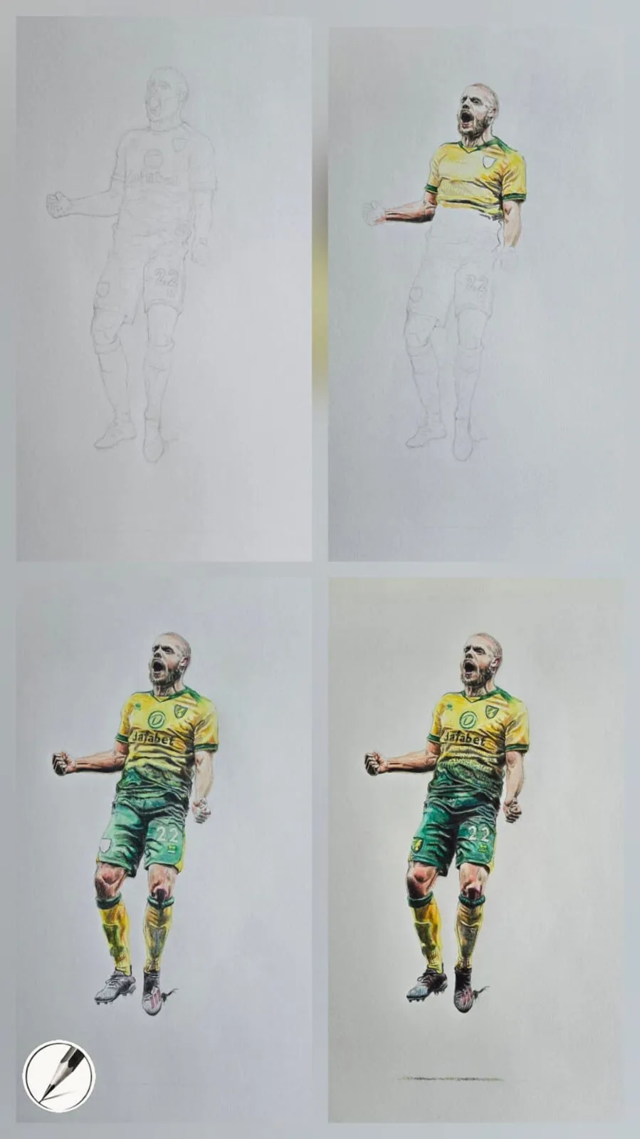 A drawing of a footballer from pencil layout to completed colour