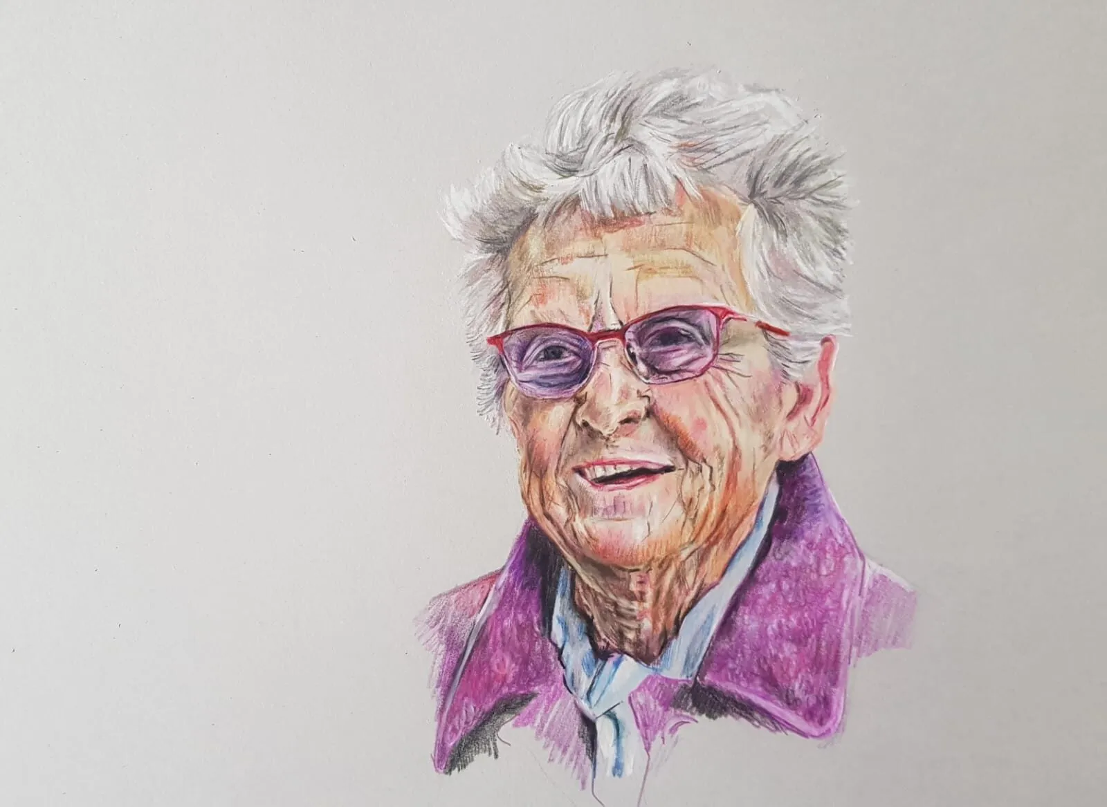 A portrait of an older woman in a purple scarf drawn in coloured pencil